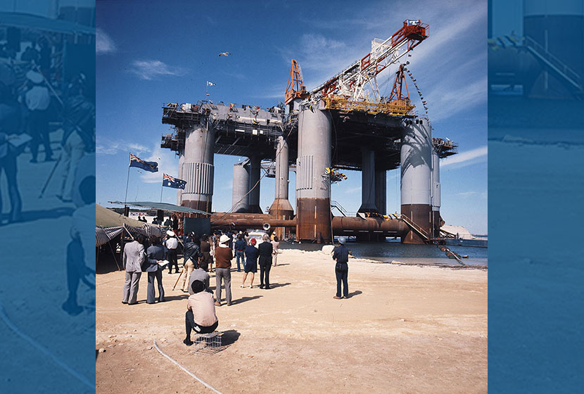 1975. Christening of the oil rig Ocean Endeavour. Visitors photograph the rig.