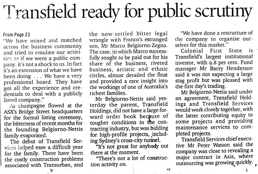 Article in the Sydney Morning Herald, 4 May 2001. “Transfield ready for public…”