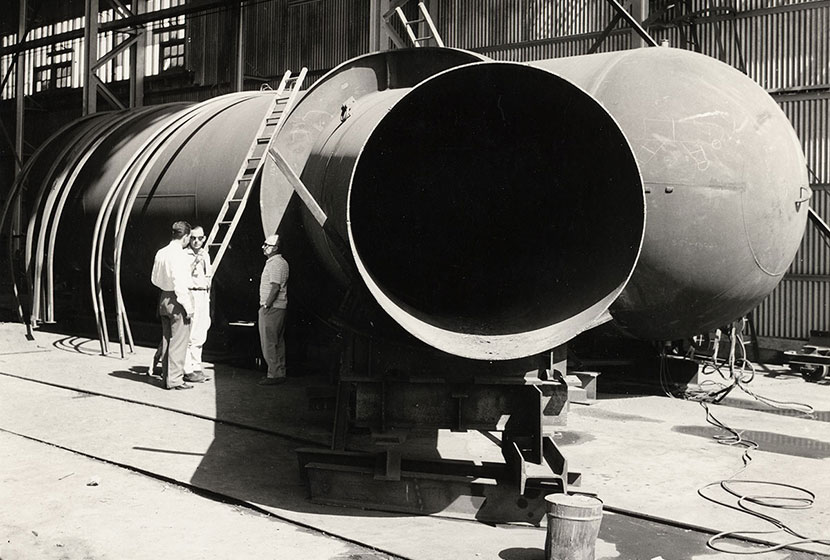 1960s. Large bifurcate ducting for the Burrendong Dam being fabricated at Seven Hills.