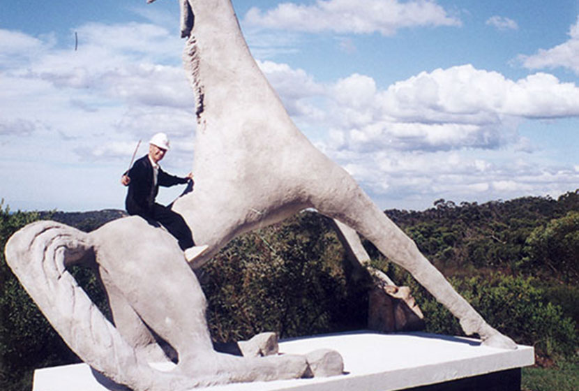 Franco riding his sculpture, Equus Magnus, at Terrey Hills, Sydney.