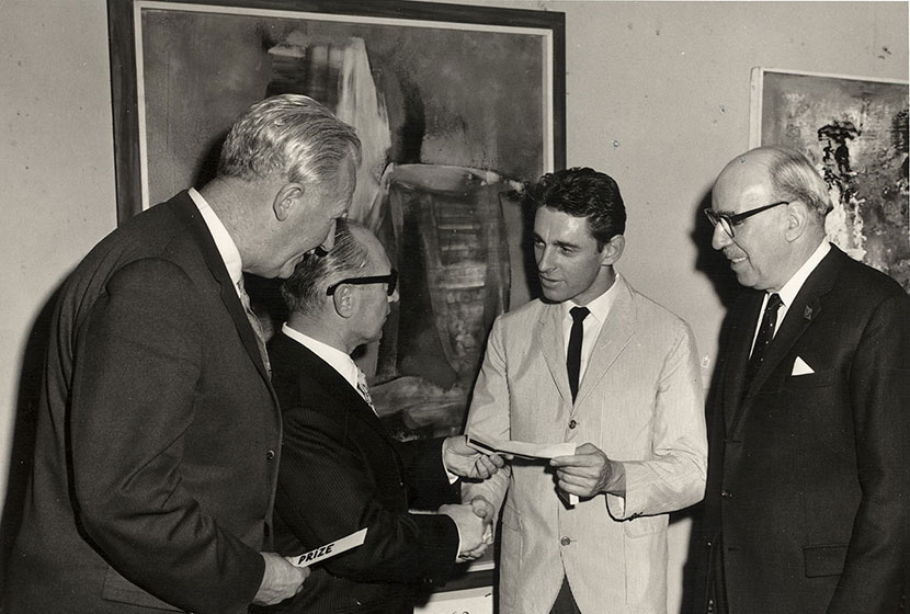 1962. Transfield Art Prize. Franco presents the winner, Andrew Sibley, with the prize.