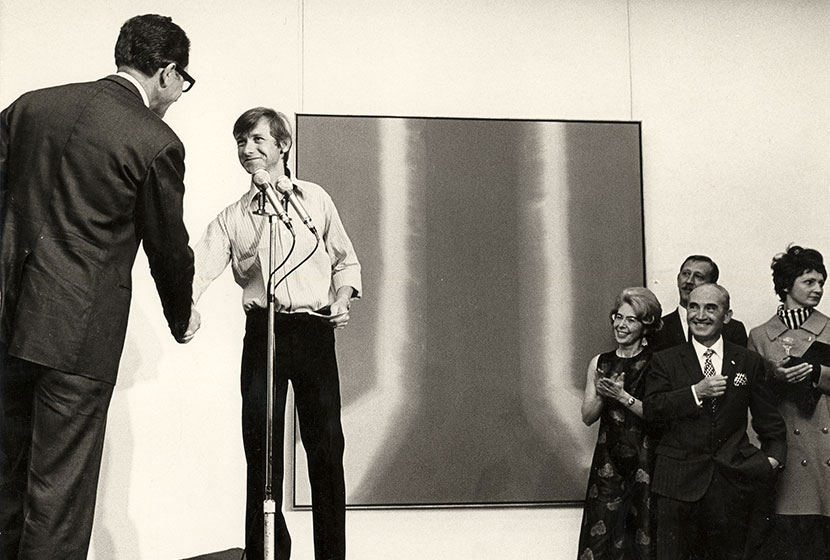 1969. Transfield Art Prize. Ron Robertson-Swann being congratulated by Carlo Salteri.