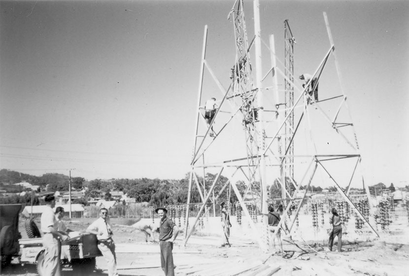 1950s. Transfielders on one of the first transmission lines constructed by the company.