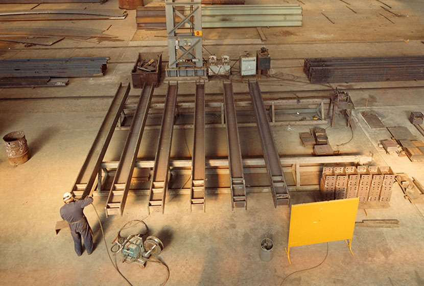 Seven Hills workshop, 1986. Transfield’s automatic manufacture of welded beams for Indonesian bridges.