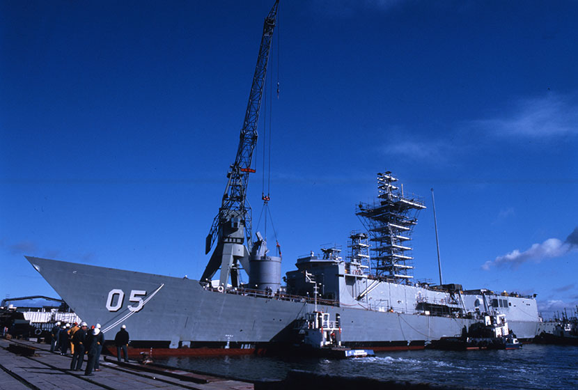 HMAS Melbourne being fitted out at Transfield's Williamstown Dockyard.