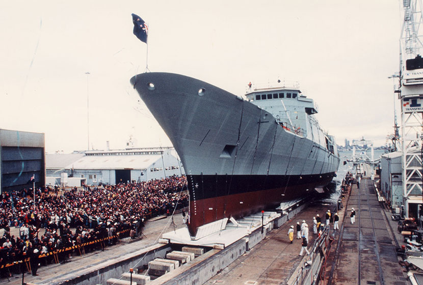 1995. The launch of HMNZS Te Kaha, the first of two frigates built for New Zealand.