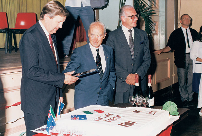 1987. Premier Barrie Unsworth, Franco and the Italian Ambassador at the Italian Forum in Sydney.