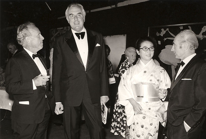 1973. Opening of the first Biennale of Sydney. Dr Coombs, P.M. Gough Whitlam, Sculptress Minami Tada and Franco.