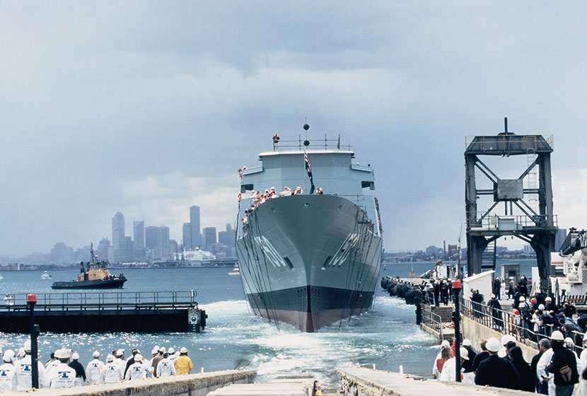1994. The launching of HMAS Anzac, the first of the ANZAC Class frigates. Williamstown, Victoria.