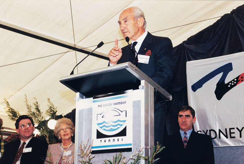 1992. Franco addresses the guests at the official opening of the Sydney Harbour Tunnel.