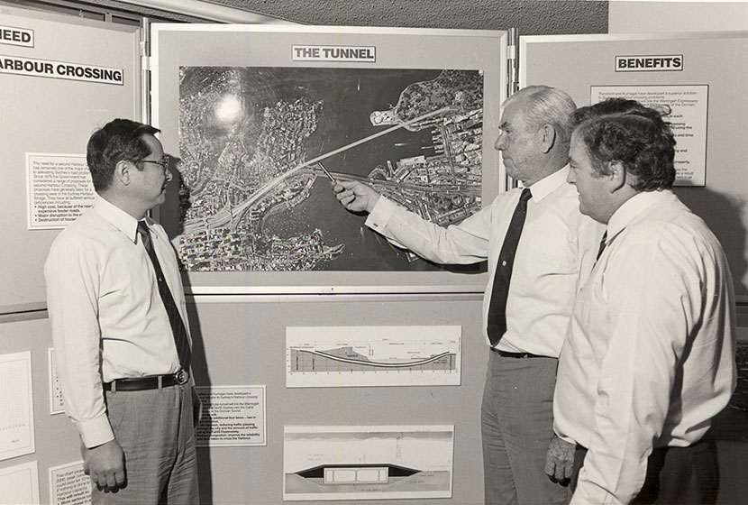1986. Transfield engineers studying the best route for the Sydney Harbour Tunnel.