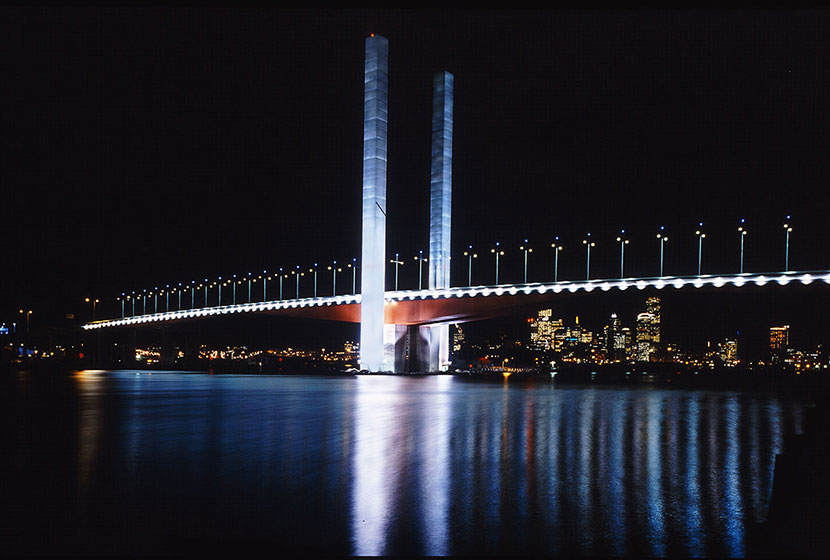 Melbourne City Link. The Bolte Bridge by night. The bridge has two central towers, each 140 metres high.