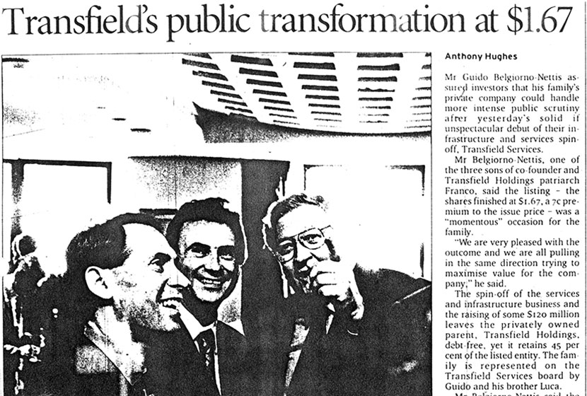 Article in the Sydney Morning Herald, 4 May 2001. “Transfield’s public transformation…”